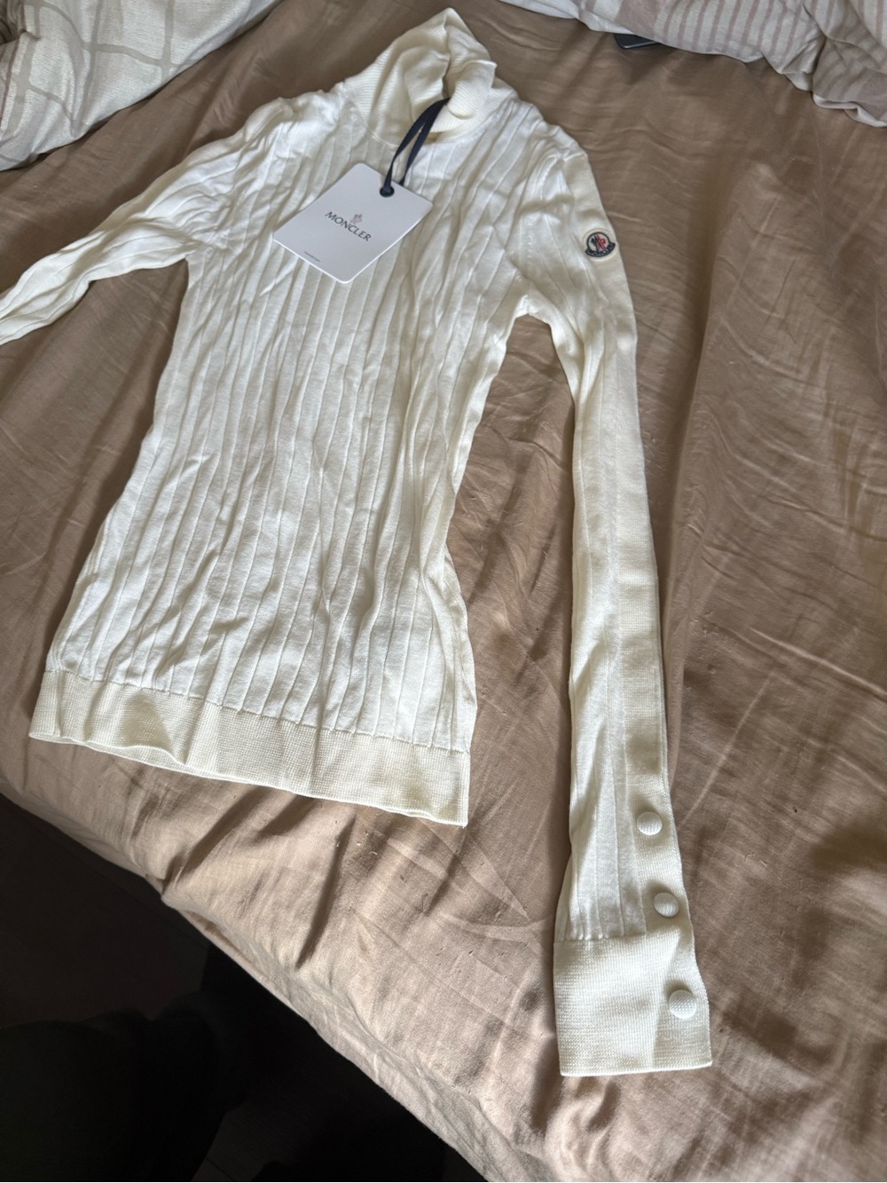 Moncler Ivory Ribbed Mock Neck Sweater with Sleeve Logo - Picture 3 of 5